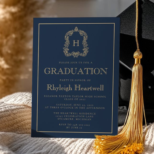 Studentfest för marin blå Guld-monogram Vapensköld Inbjudningar (Skapare uppladdad)