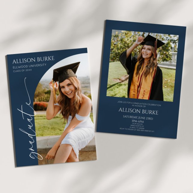 Studentfest för marin blå minimalistisk foto-båge inbjudningar (Skapare uppladdad)