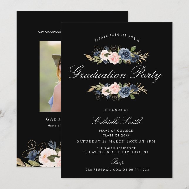 Studentfest för marin blå och  blommigt inbjudningar (Fram/baksida)