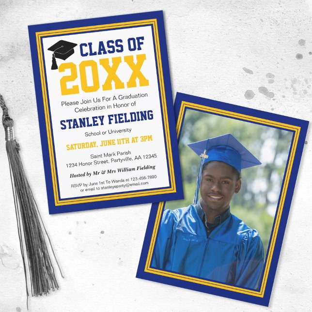 Studentfest för marin och Guld-foto Inbjudningar (Skapare uppladdad)