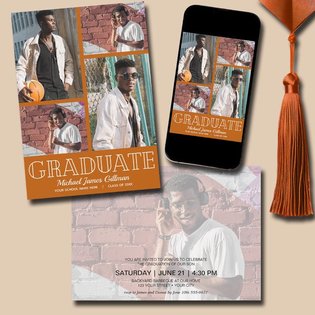 Studentfest för multipla fotobrända Orangar Inbjudningar (Multi Photo Burnt Orange Graduation Party Invitations - PRINTED and/or INSTANT DOWNLOAD)