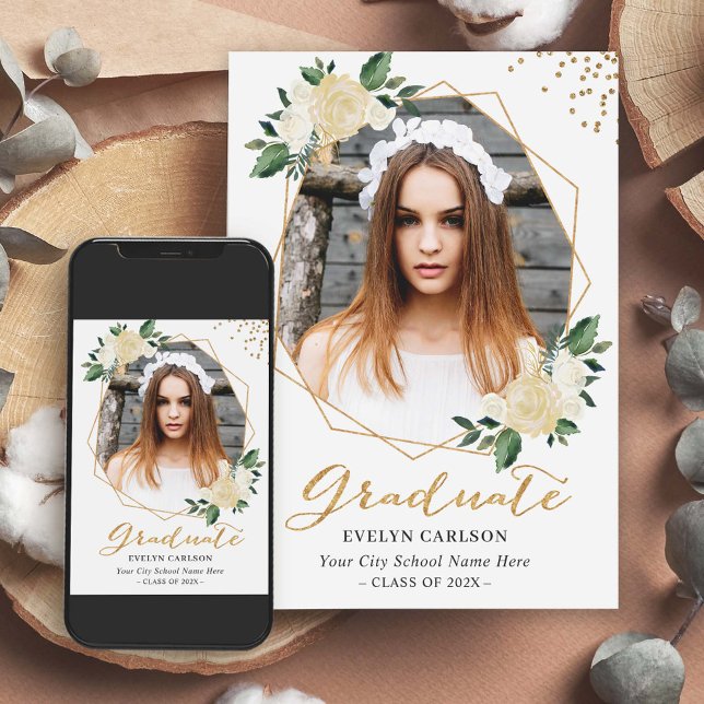 Studentfest för Natura Grönt Guld Blommigt Photo Inbjudningar (Skapare uppladdad)