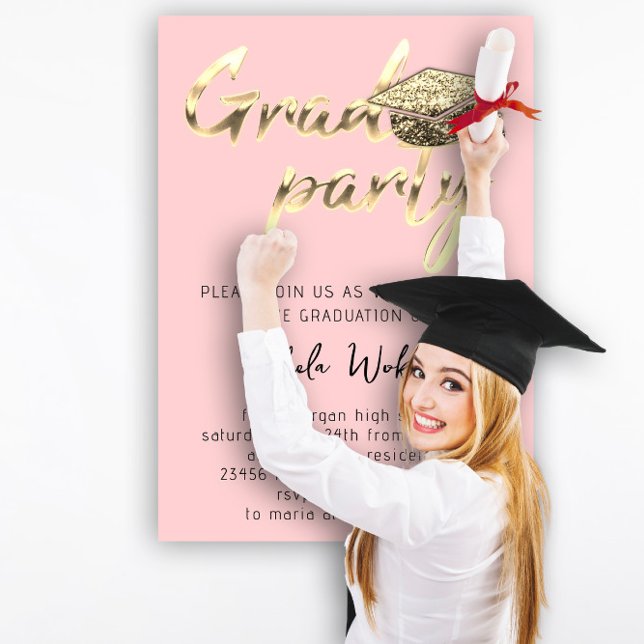 Studentfest för omedelbar nedladdning av Rosan Gul Inbjudningar (Instant Download Graduation Party Gold Cup Pink Invitation)