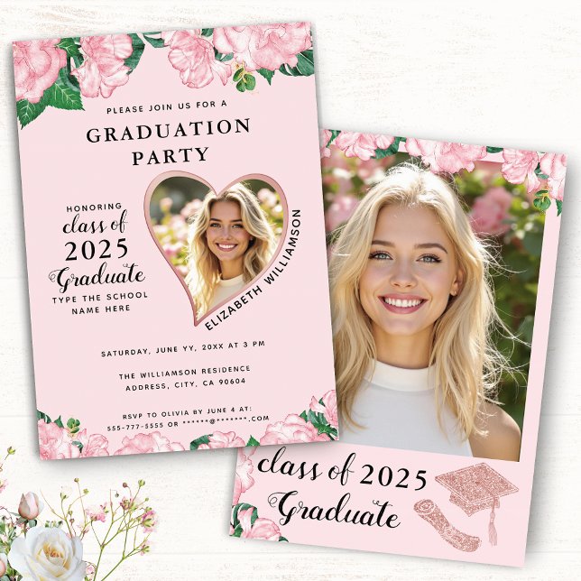 Studentfest för  Rosa av elegant Blommigt Inbjudningar (Skapare uppladdad)