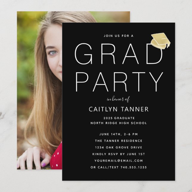 Studentfest för svart och vitt modernt foto inbjudningar (Fram/baksida)