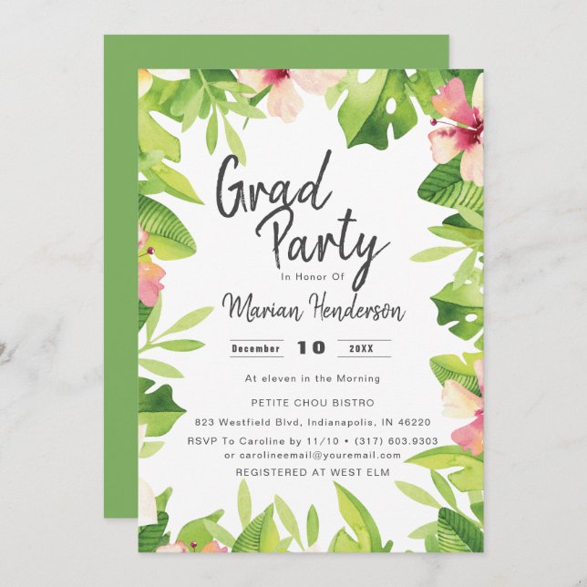 Studentfest för tropisk Blommigt med vattenfärg Inbjudningar (Fram/baksida)