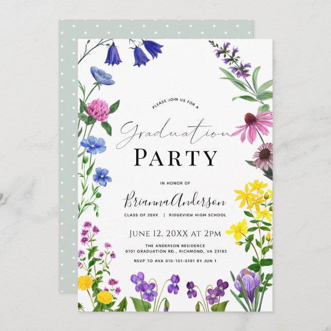 Studentfest för WildblomBlommigt Inbjudningar (Fram/baksida)