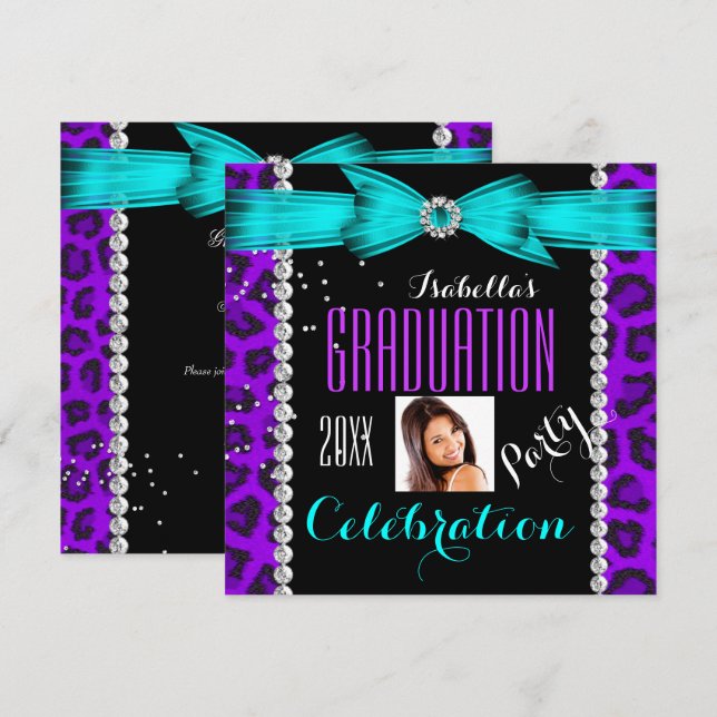 Studentfest Grad Lila Teal Blue Leopard Inbjudningar (Fram/baksida)