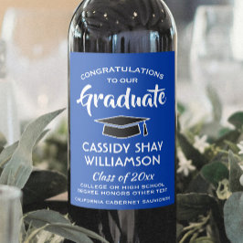Studentfest Gratulerar Modern Royal Blue White Vinflaska Etikett