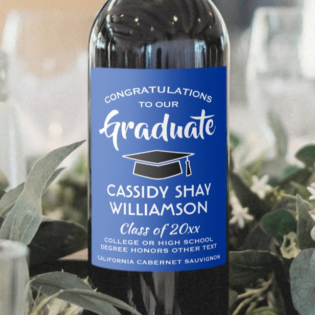 Studentfest Gratulerar Modern Royal Blue White Vinflaska Etikett (Skapare uppladdad)
