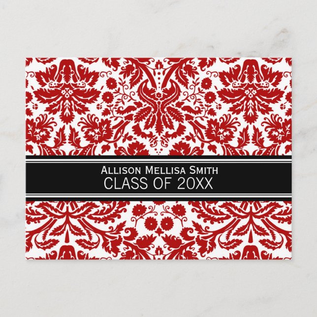 Studentfest Inbjudan Red Black Damask Vykort (Framsida)