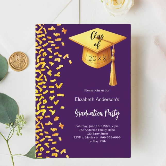 Studentfest lila guld konetti-flicka inbjudningar (Skapare uppladdad)