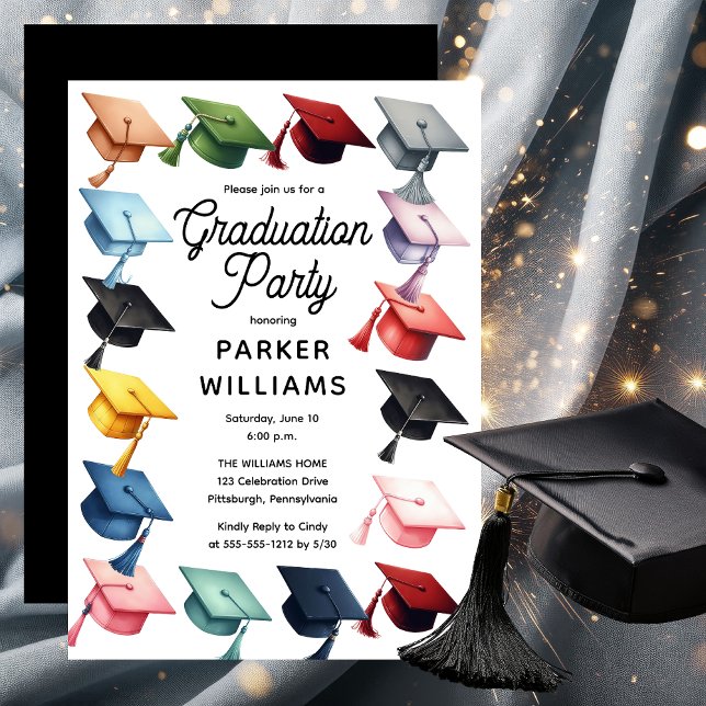 Studentfest med flera Färgader för Grad Caps Inbjudningar (Multi-Colored Grad Caps Graduation Party Invitation)