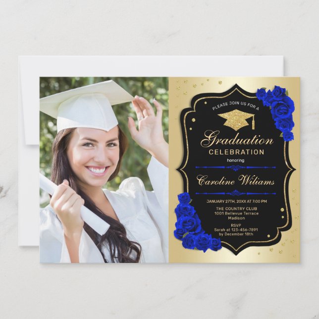 Studentfest med foto - Guld Royal Blue Inbjudningar (Framsida)