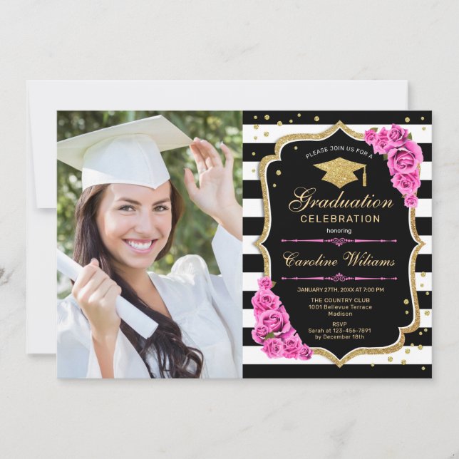 Studentfest med foto - Rosa Guld Black Inbjudningar (Framsida)