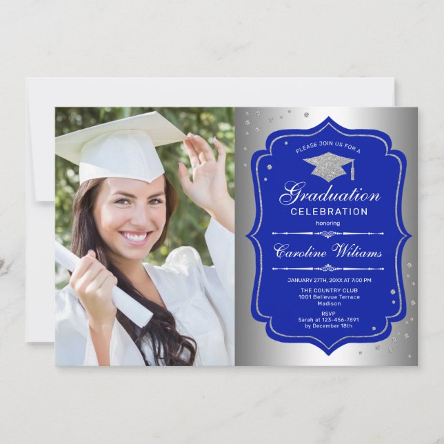 Studentfest med foto - Silver Royal Blue Inbjudningar (Framsida)