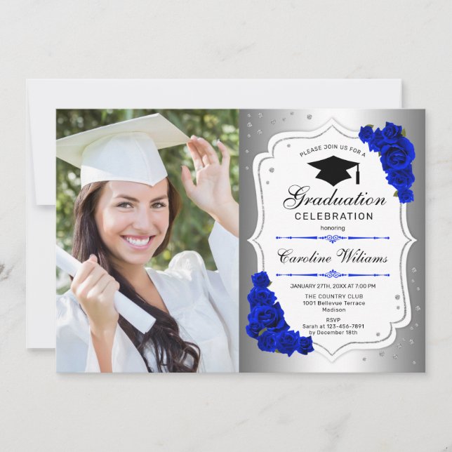 Studentfest med foto - Silver Royal Blue Inbjudningar (Framsida)