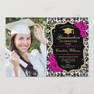 Studentfest med foto - svart Shock rosa Inbjudningar
