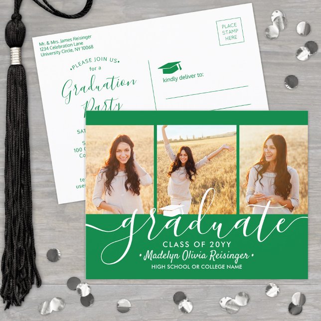 Studentfest Modern Grönt och Vita 3-foto Inbjudan Vykort (Skapare uppladdad)