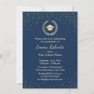 Studentfest Modern Guld Confetti Navy Blue Inbjudningar