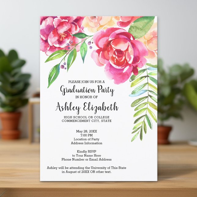 Studentfest Modern Watercolor-Blommigt Inbjudningar (Custom Graduation Announcement and Invitation)