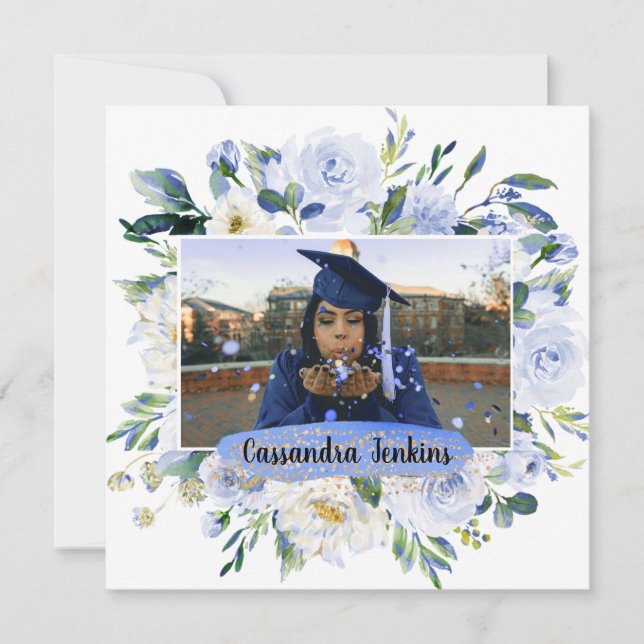 Studentfest om blå Blommigt Ro Inbjudningar (Framsida)