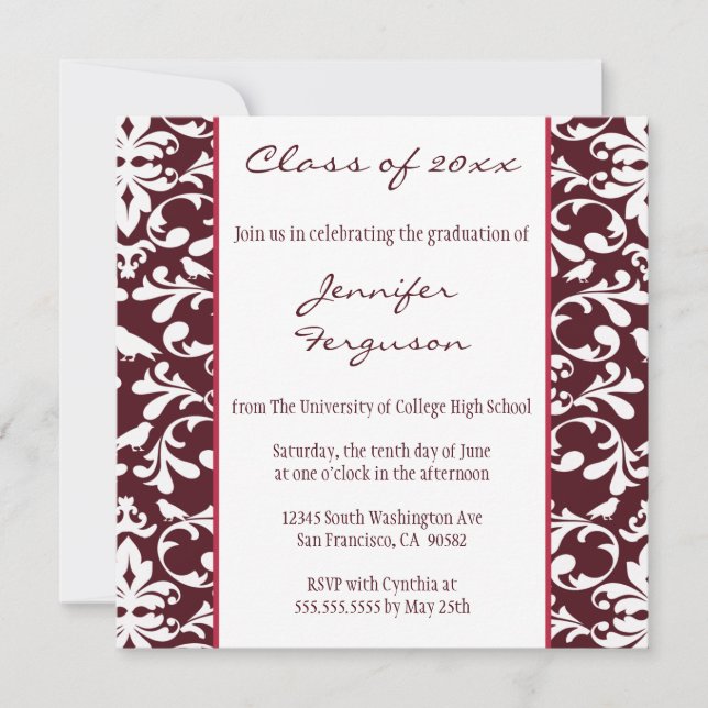 Studentfest om Burgundy vin damask Inbjudningar (Framsida)