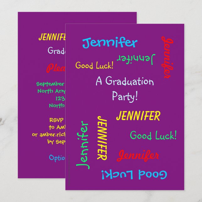 Studentfest, Personlig Namn, Lila Inbjudningar (Fram/baksida)