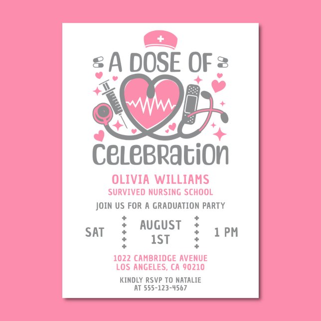 Studentfest RN Modern Rosa & Grått Inbjudningar (Modern pink and gray graduation party invitation)