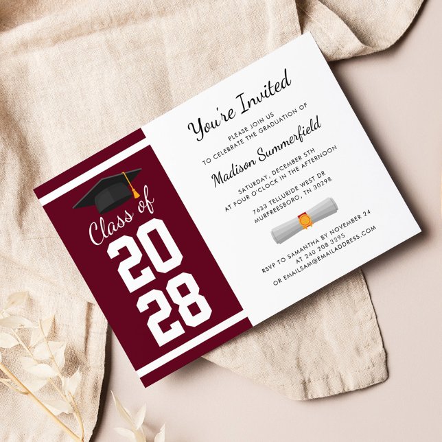 Studentfest Senior Student 2025 Inbjudningar (Graduation 2024 Burgundy Party Invitation)