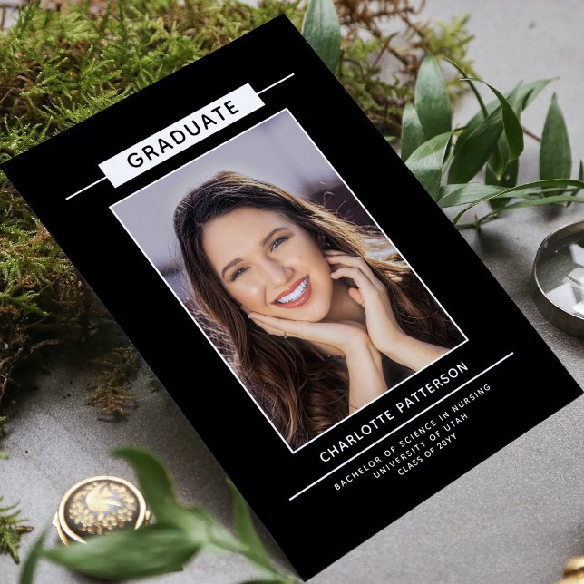 Studentfest Simple Modern Script Photo Black Inbjudningar (Skapare uppladdad)