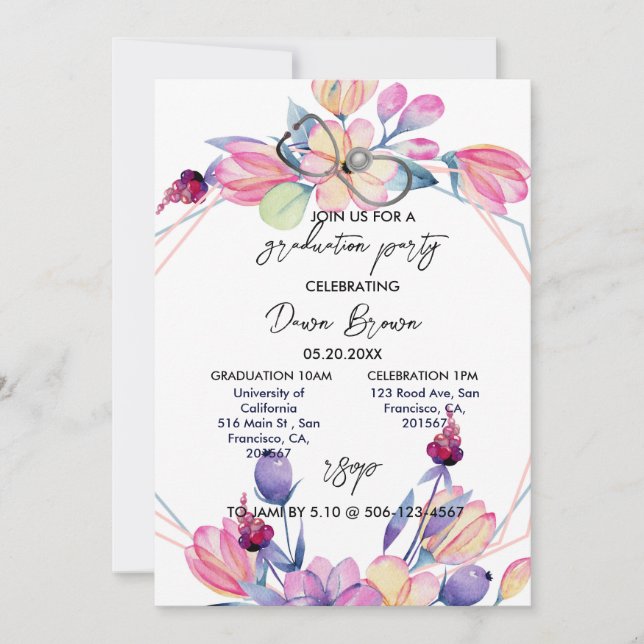 Studentfest Vattenfärgsskydd Blommigt  Inbjudningar (Framsida)