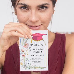 Studentfest WildFlowers Rosa Grad Hat Inbjudningar