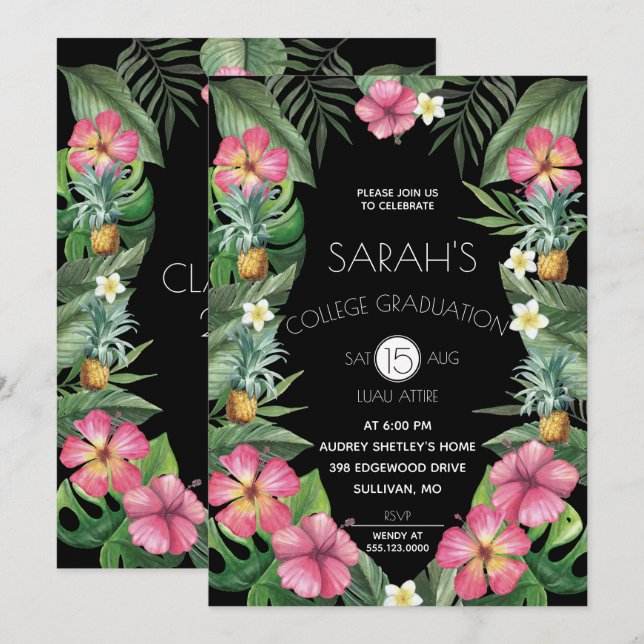 Studentfesten Ananas och tropiska blommor Inbjudningar (Fram/baksida)