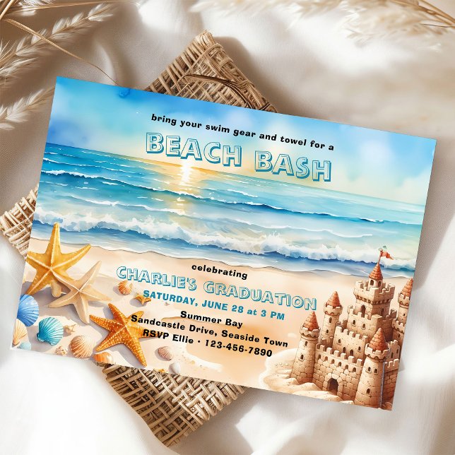 Studentfesten Beach Bash Sandcastle Starfish Inbjudningar (Graduation party invitation for beach bash .. easy to edit for your event)