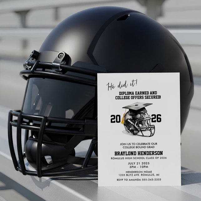 Studentfesten Black and Guld American Football Inbjudningar (Football Graduation Party Invitation | Graduation Invitations for Football Players)