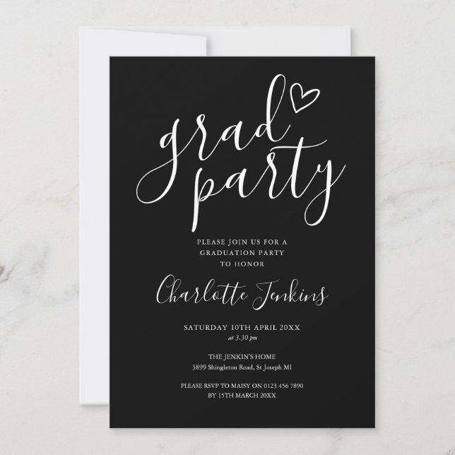 Studentfesten Black Grad Party Script Heart Inbjudningar (Framsida)