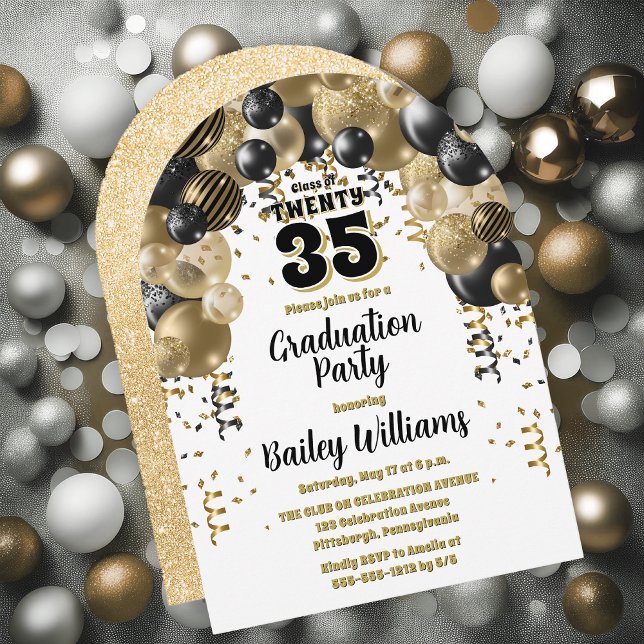 Studentfesten Black Guld Balloons Inbjudningar (Black | Gold Balloons Class Year Graduation Party Invitations - Print and/or Download Available)