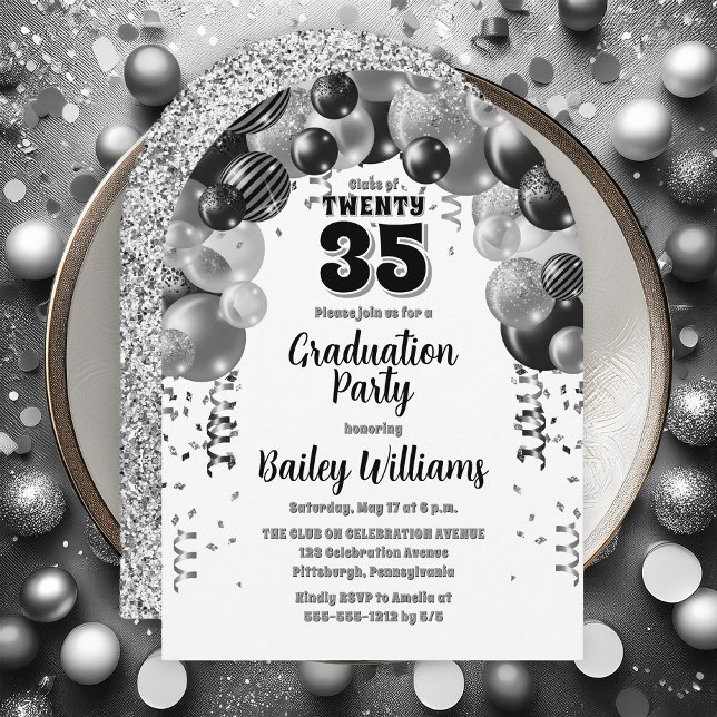 Studentfesten Black Silver Balloons Inbjudningar (Black | Silver Balloons Class Year Graduation Party Invitations - Print and/or Download Available)