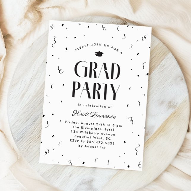 Studentfesten Black + White Modern Typography Inbjudningar (classic black and white modern typography graduation party invite)