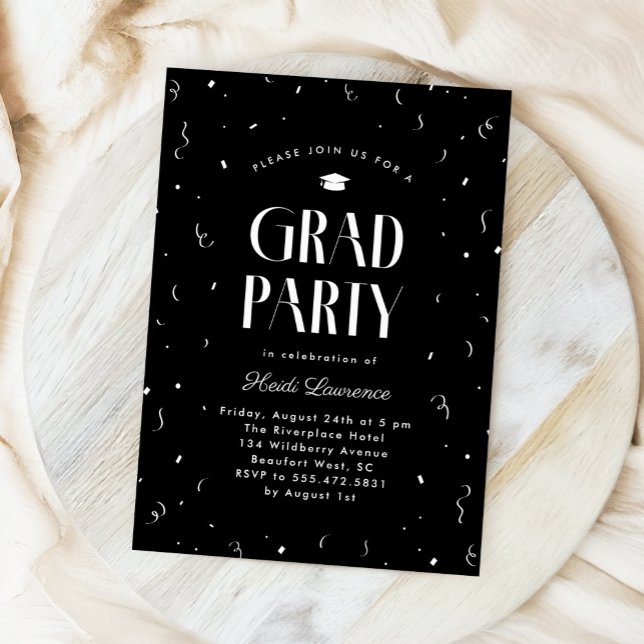 Studentfesten Black + White Modern Typography Inbjudningar (classic black and white modern typography graduation party invite)