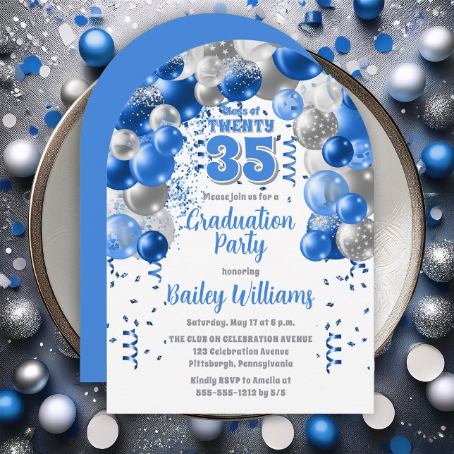 Studentfesten Blått Firande-ballonger Inbjudningar (Blue Balloons Class Year Graduation Party Invitations - Print and/or Download Available)