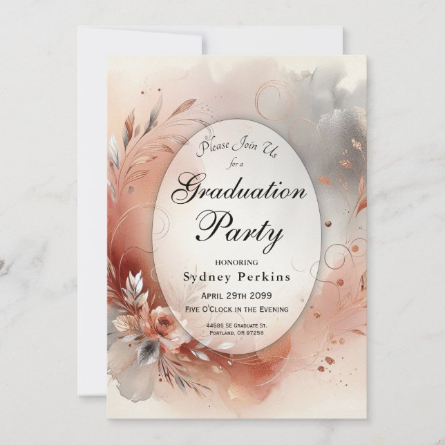 Studentfesten Blushing Petals och Silver Swirls Inbjudningar (Framsida)