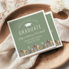 Studentfesten Boho Watercolor Wildblommor Grönt  Pappersservett