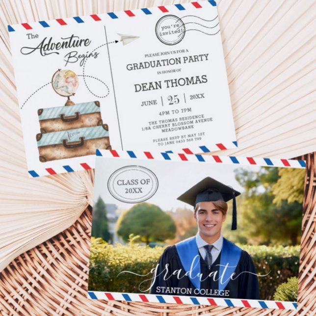 Studentfesten Börjning av vykort Äventyr börjar (the-adventure-begins-postcard-suitcases-globe-graduation-party-photograph-invitation-card-printed)