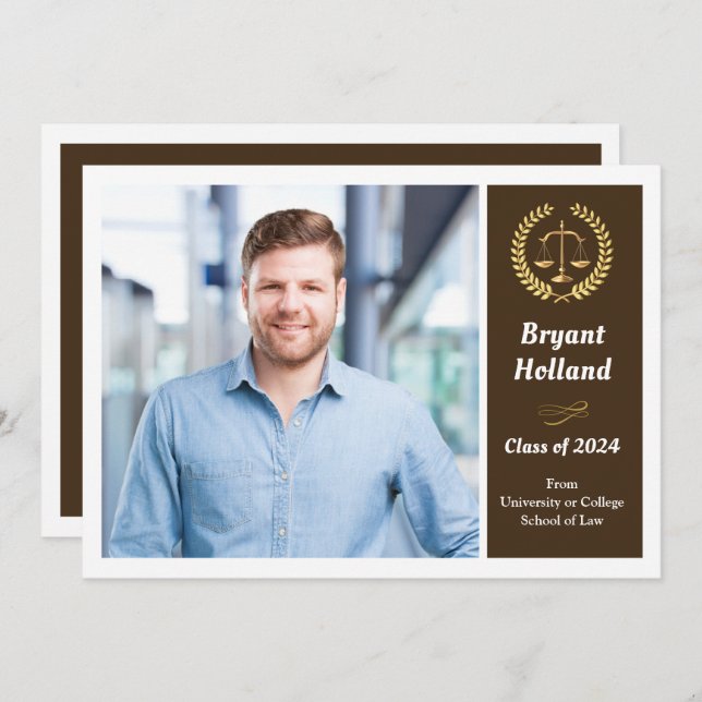 Studentfesten Brown & Guld Law School Photo Inbjudningar (Fram/baksida)