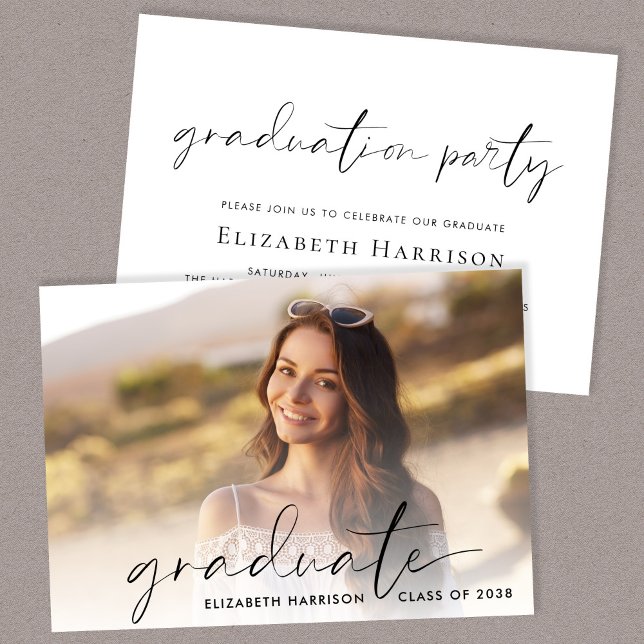 Studentfesten chic Script Photo Inbjudningar (A personalized photo graduation party invitation to celebrate the graduate's achievements)