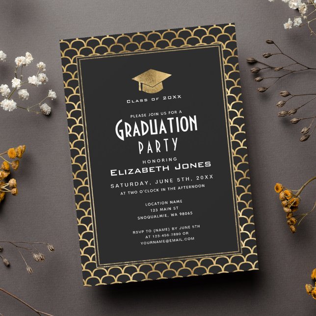 Studentfesten Classy Black och Guld Art Deco Inbjudningar (Skapare uppladdad)