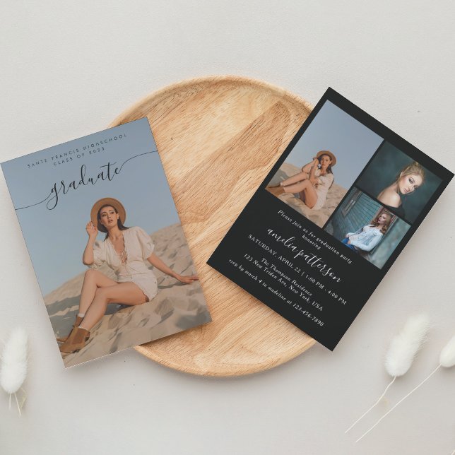 Studentfesten Classy Chic Black Photo Collage Inbjudningar (Skapare uppladdad)