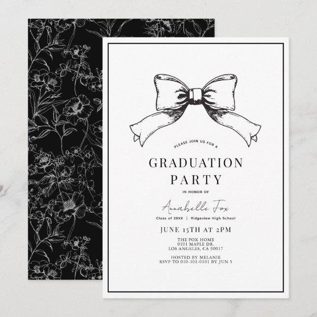 Studentfesten Coquette Black Bow Ribbon Inbjudningar (Fram/baksida)